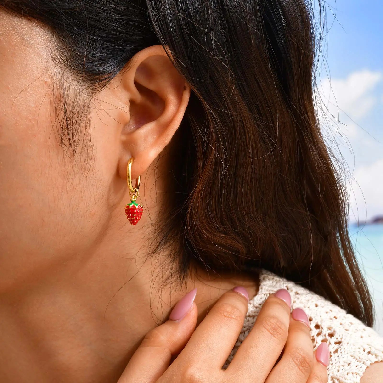 Women's Sweet Strawberry Drop Earrings,Gold Plated Stainless Steel Hoop Earrings for alternate view