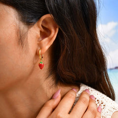 Women's Sweet Strawberry Drop Earrings,Gold Plated Stainless Steel Hoop Earrings for alternate view