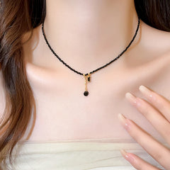 Black Crystal Bead Tassel Necklace | Trendy Collarbone Chain detail view