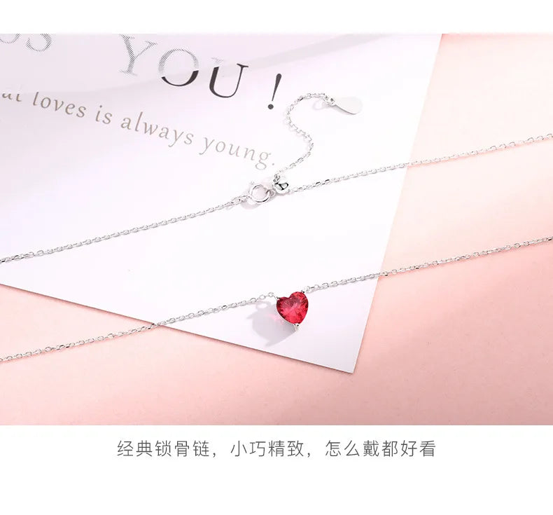 Silver Plated Red Zircon Heart Pendant Necklace | Women's Charm Jewelry additional angle