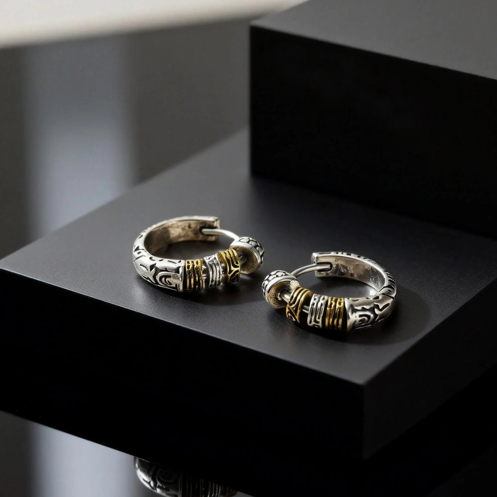 Creative Unique Design Textured Metal Chunky Hoop Earrings for Men Fashion Hiphop Part close-up view
