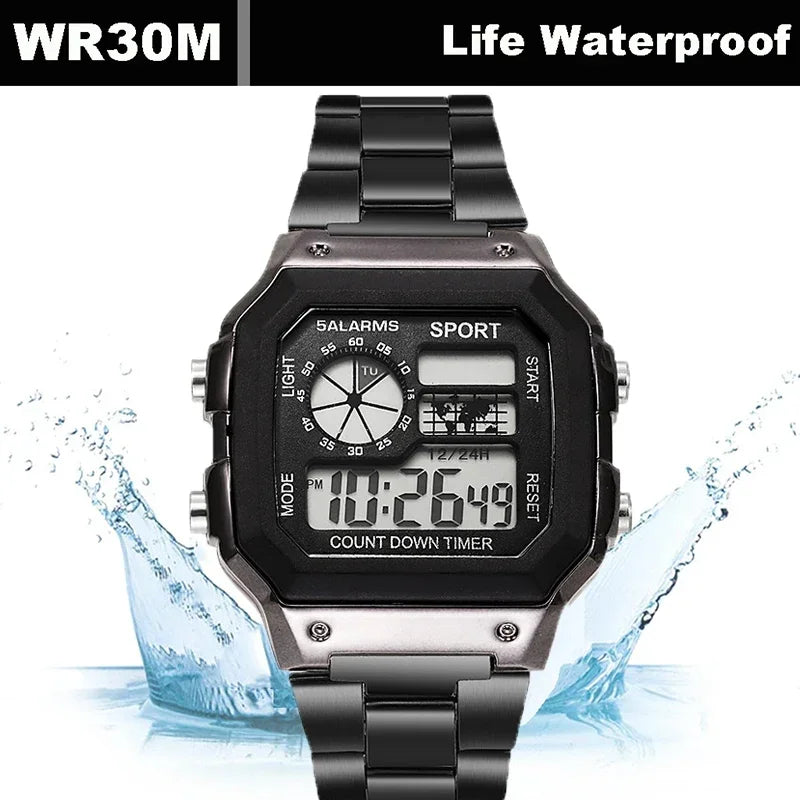 MAYZHISU Classic Men's Digital Watches Luxury Stainless Steel Strap Sport Watches M additional angle