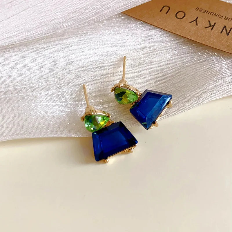New Vintage Blue Coffee Square Oval Rhinestones Stud Earrings Women Shiny Cubic Geome lifestyle view