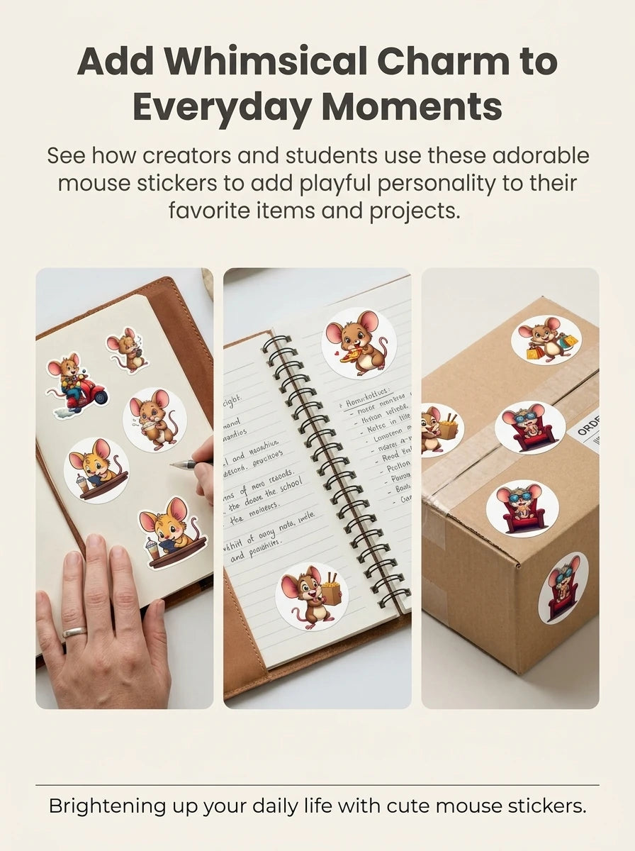 1Roll(500Pcs) Cute City Mouse Happy Life Stickers 2.5cm/1.0" 10 Designs Packaging H additional angle