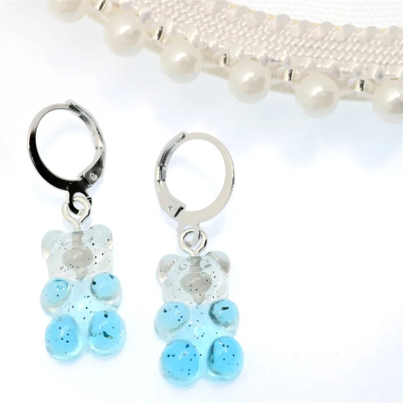 Gradient Bear Dangle Earrings | Cute Sequins Hoop Earrings for Women close-up view