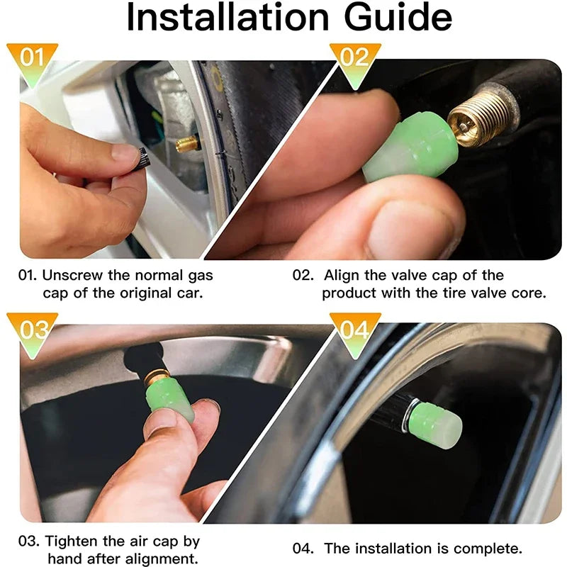 Automobile Tire Valve Cap Fluorescent Yellow Night Glowing Car Motorcycle Wheel Styli lifestyle view