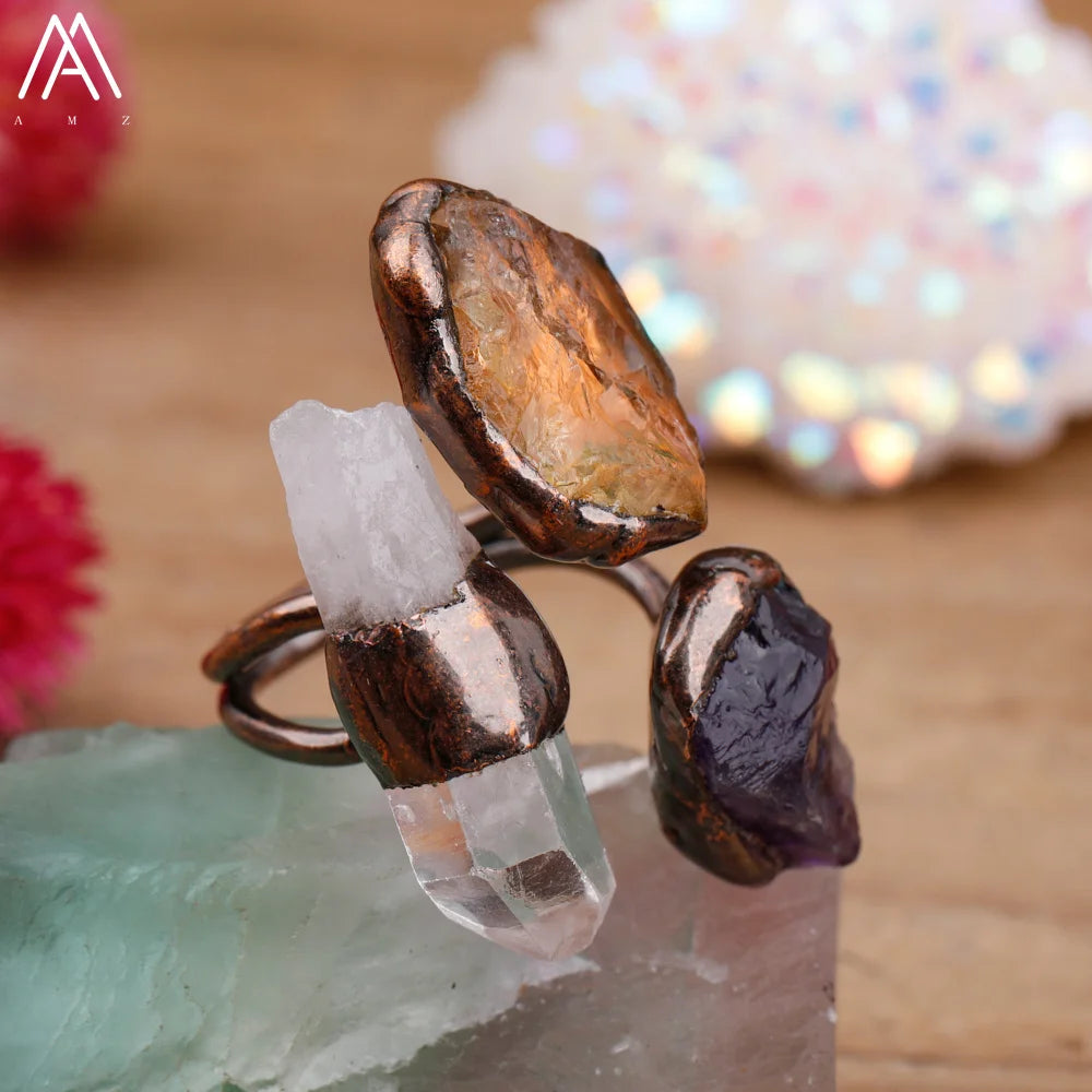 Irregular White Quartz Point Beads Bronze Handmade Rings Jewelry Women Natural Stone lifestyle view