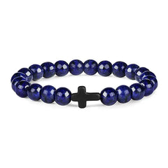 Prayer Men Natural Stone Wood Beads Rosary Hematite Cross Bracelets Onyx Meditation Br close-up view
