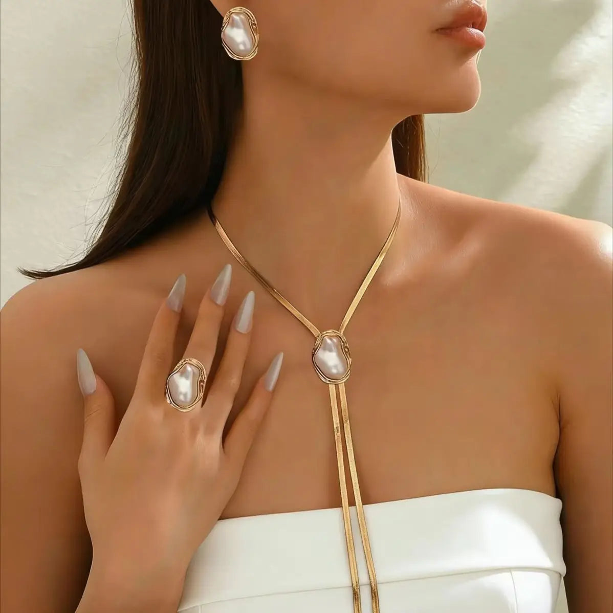 Elegant French Spiral Black Resin Stone /Imitation Baroque Pearl Jewelry Set Women Herri detail view