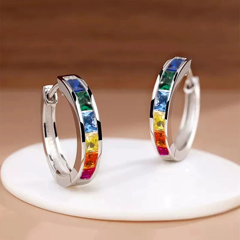 Huitan Hoop Earrings with Princess Cubic Zirconia Exquisite Ear Circle Earrings for Wo close-up view