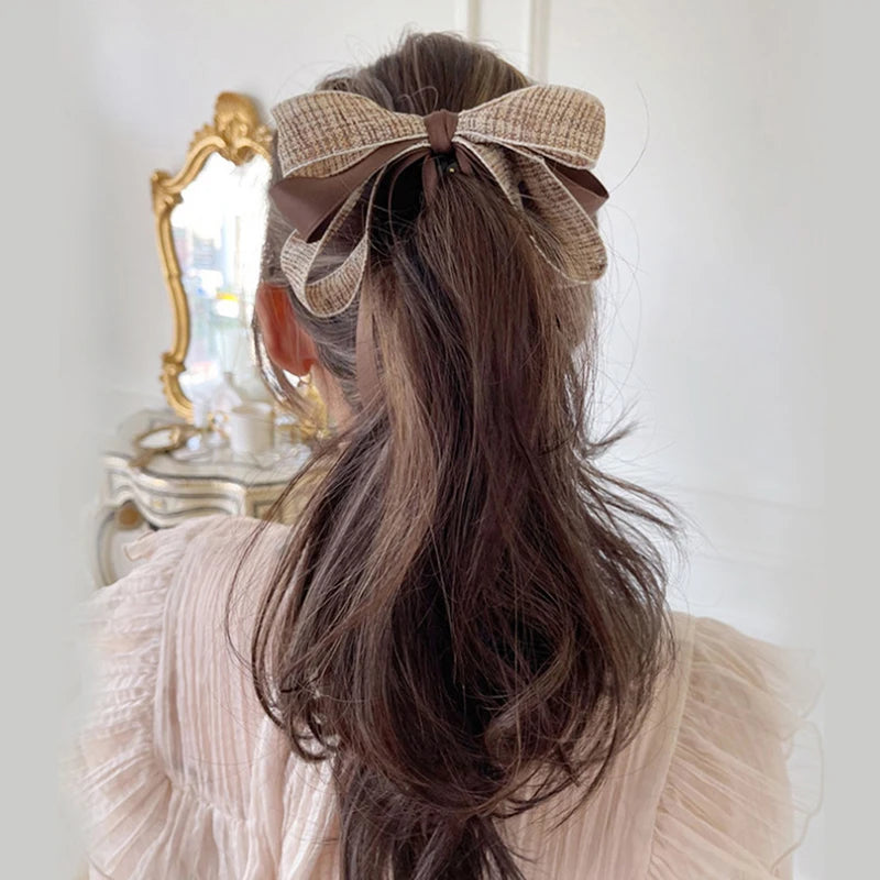 New【Korean Bow Grab Clip Female Net Red Back Of The Head Spoon Hair Card High Ponytail Fixed Artifact Headdress Hair Clips】