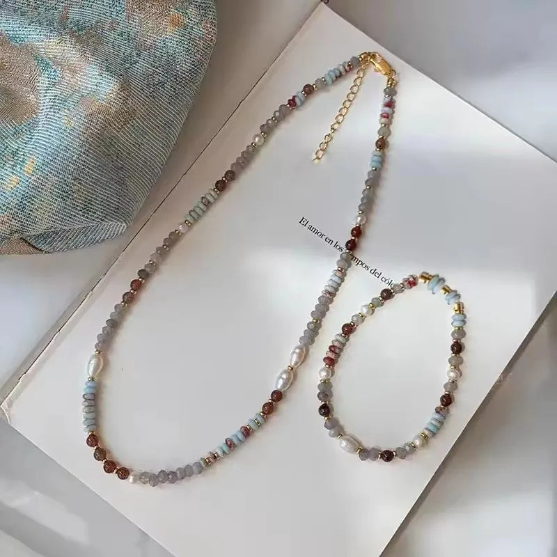 Crystal Stone Pearl Handmade Beadeds Chain Necklace Bracelet Women Luxury Elegant Fashio detail view
