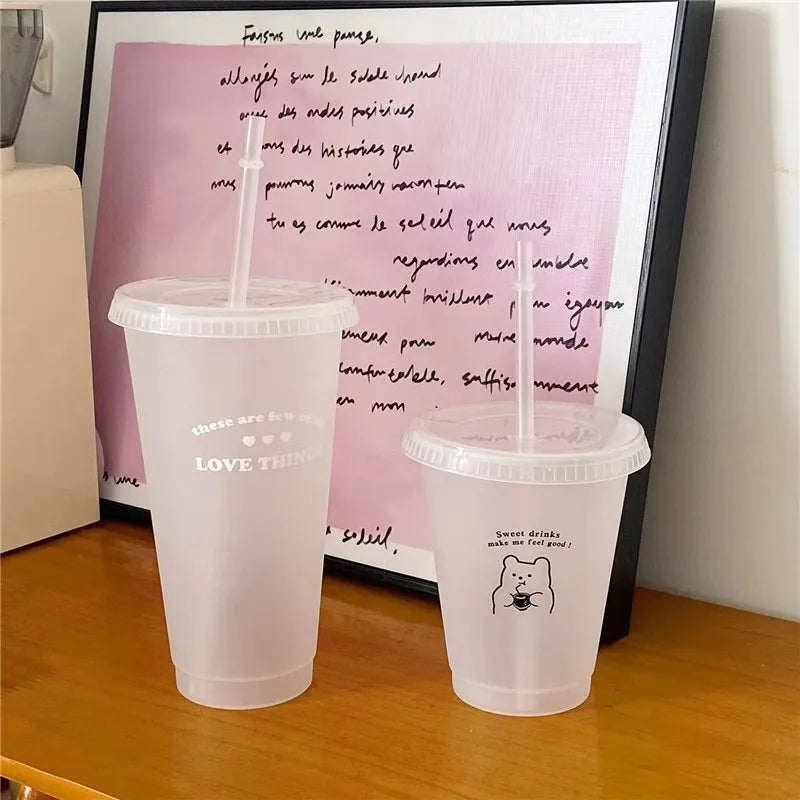 Kawaii Water Bottle For Coffee Juice Tea Cute Tumbler Plastic Cups With Straw Lid P additional angle