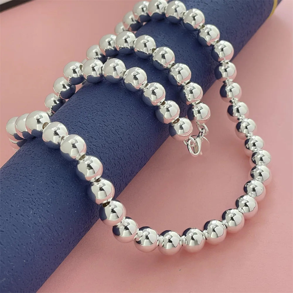 925 Sterling Silver Round Bead Chain Necklace 4/6/8mm Smooth Ball Beads 40-60CM Choker close-up view