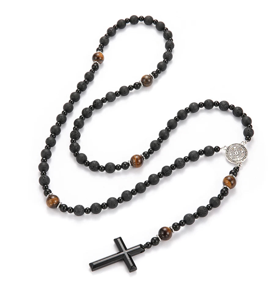 Lava Stone Black Obsidian Yellow Tiger-eye Beads Cross Pendant Y Necklace for Men additional angle
