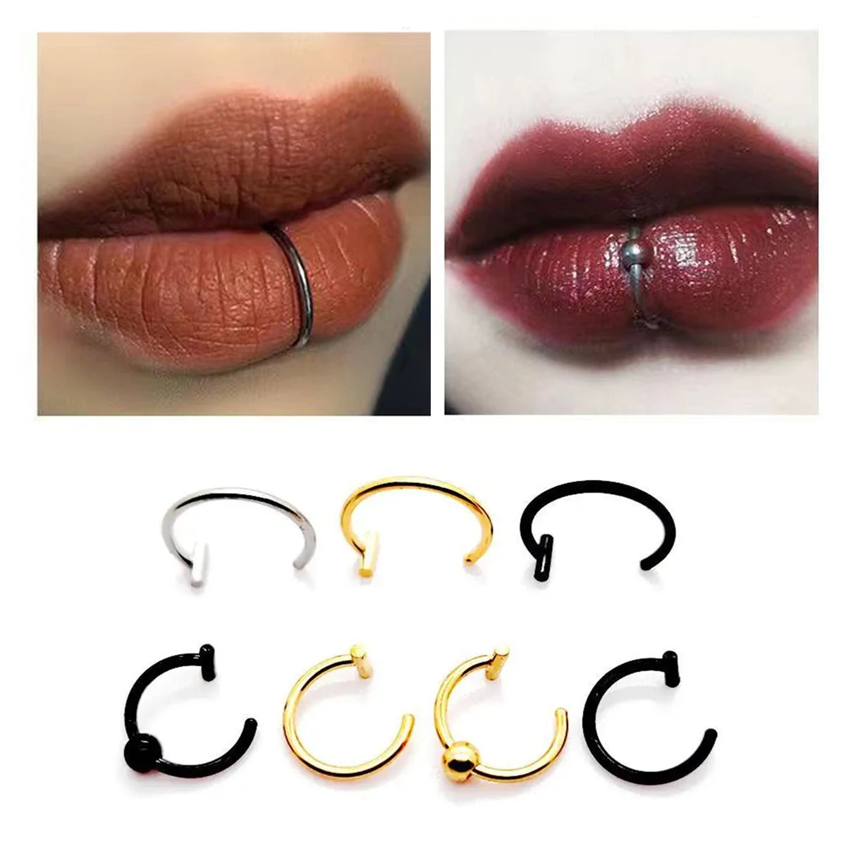 2/4Pcs 18G 316L Stainless Steel Fake Lip Rings for Women Men, Fake Septum Nose Ring Clip On Lip Ring