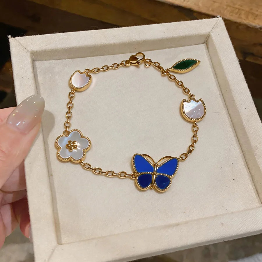Blue Dripping Oil Butterfly Bracelet for Women Fritillary Flower Leaf