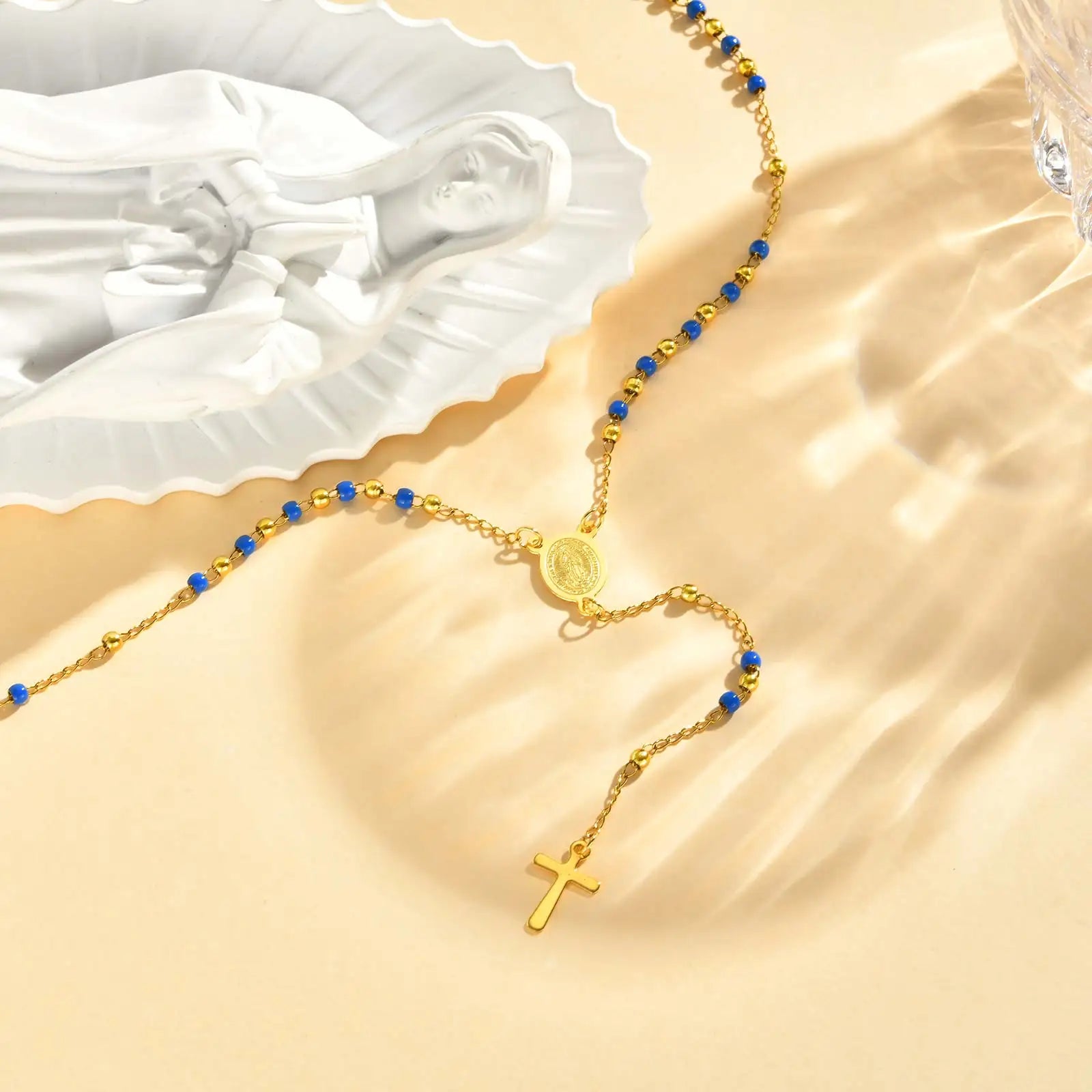 Colored Bead Y-Shaped Cross Necklace | Stainless Steel Catholic Rosary Jewelry for Wo lifestyle view