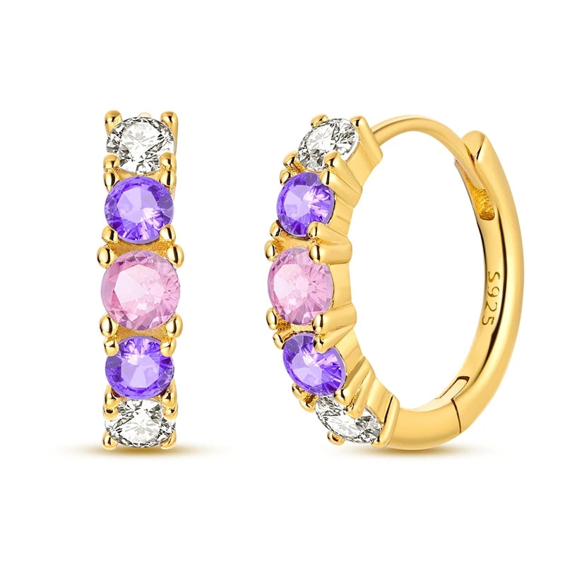 Luminous Shell Women Earrings Original 925 Sterling Silver Pave CZ Star Moon Hoop Earr close-up view