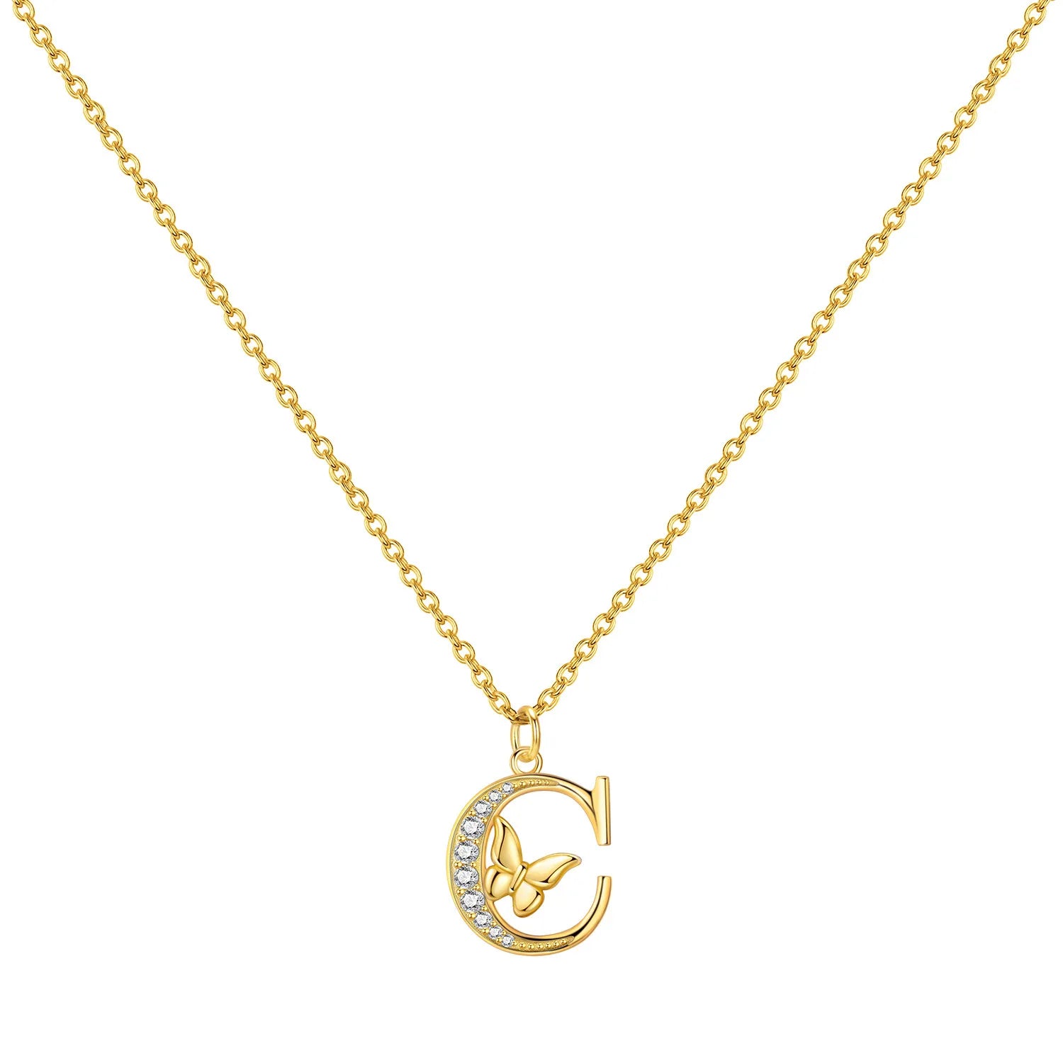 925 Sterling Silver Butterfly Initial Necklace | 26 Letter Y-Shaped Pendant for Women close-up view