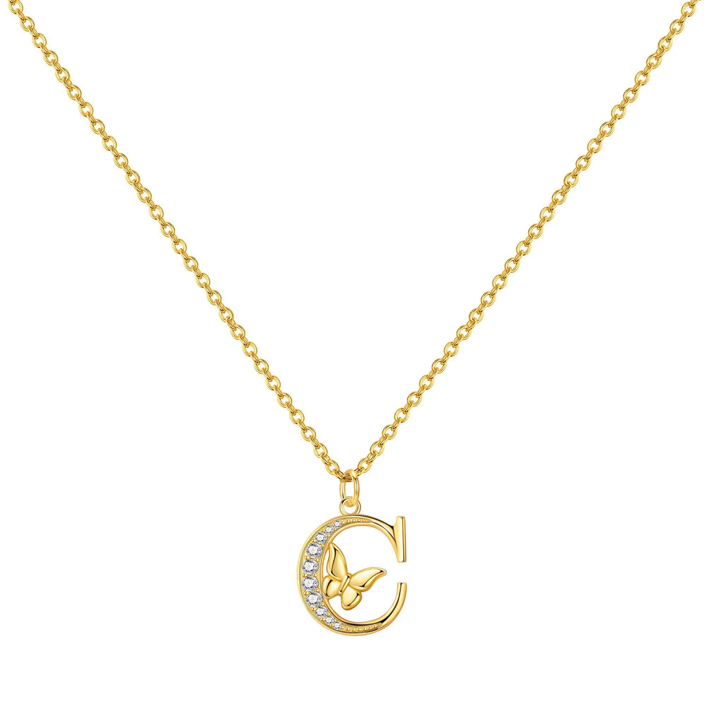 925 Sterling Silver Butterfly Initial Necklace | 26 Letter Y-Shaped Pendant for Women close-up view
