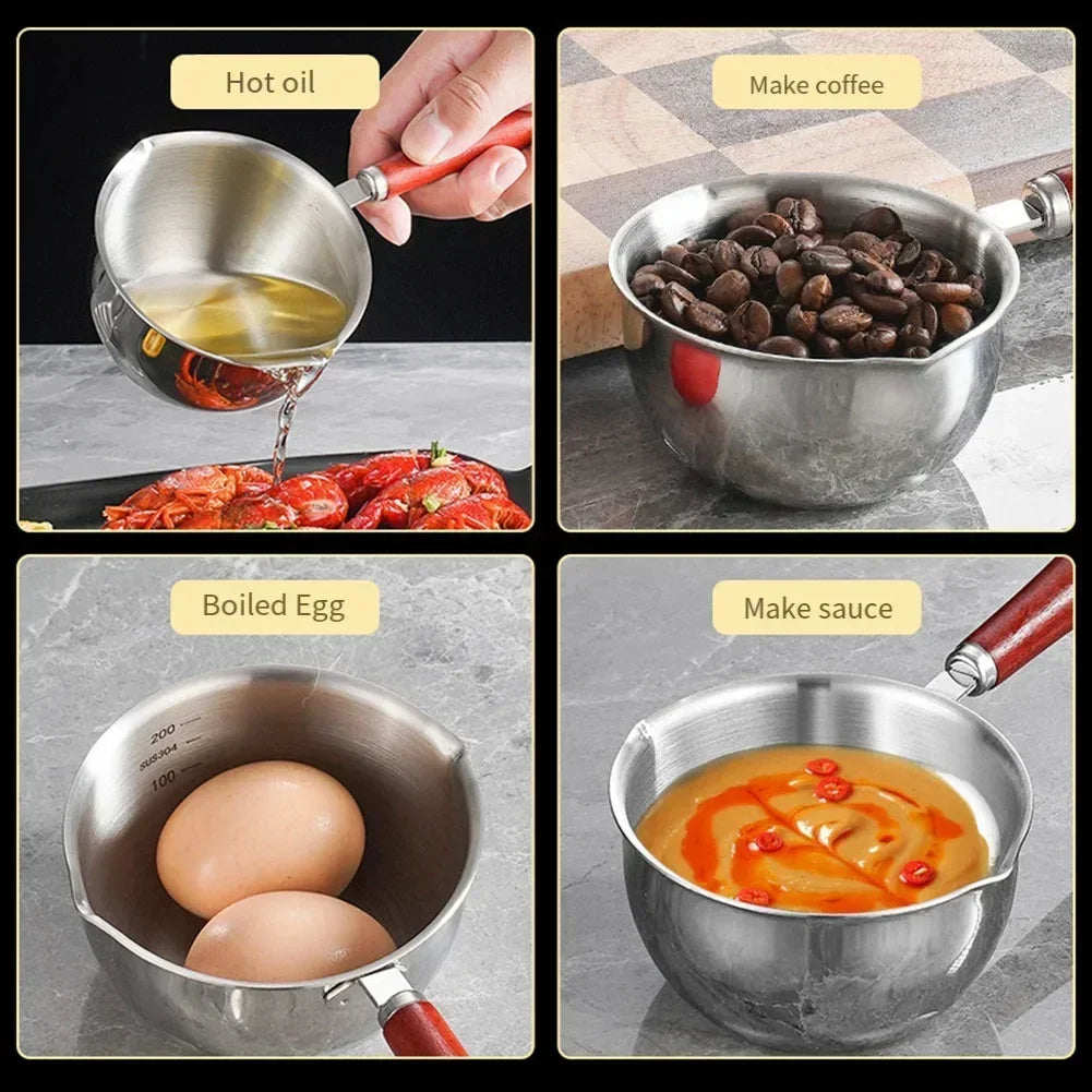 Stainless Steel Hot Oil Pan Hot Butter Warmer Flat Bottom Oil Splash Pan Saucepan For close-up view