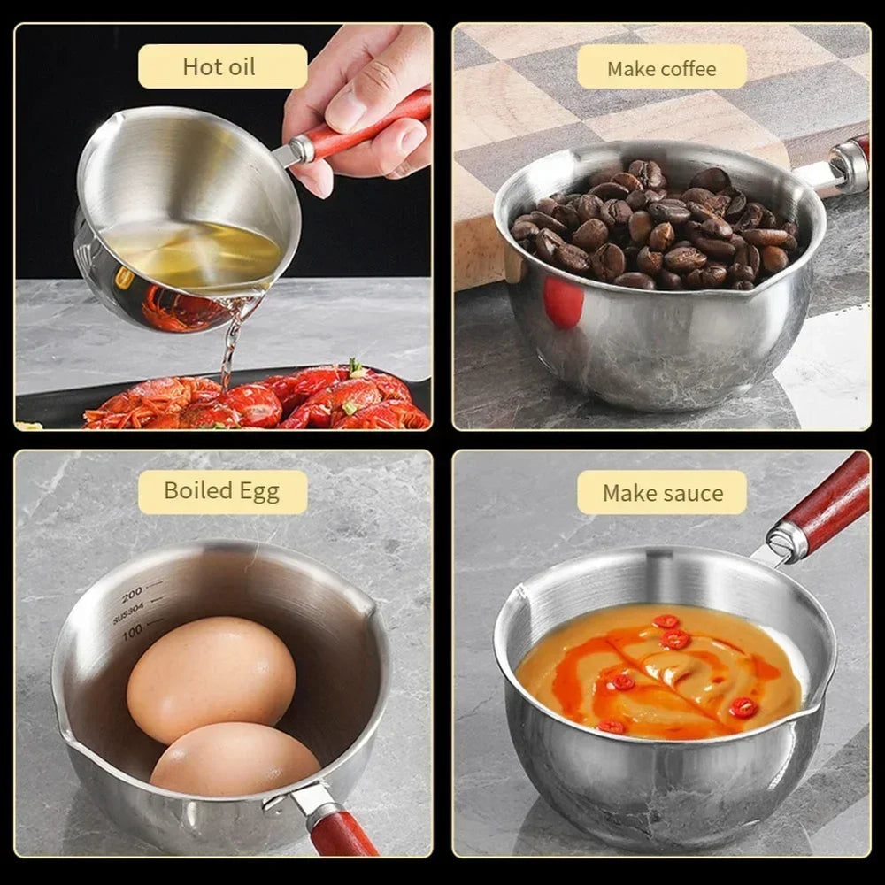 Stainless Steel Hot Oil Pan Hot Butter Warmer Flat Bottom Oil Splash Pan Saucepan For close-up view