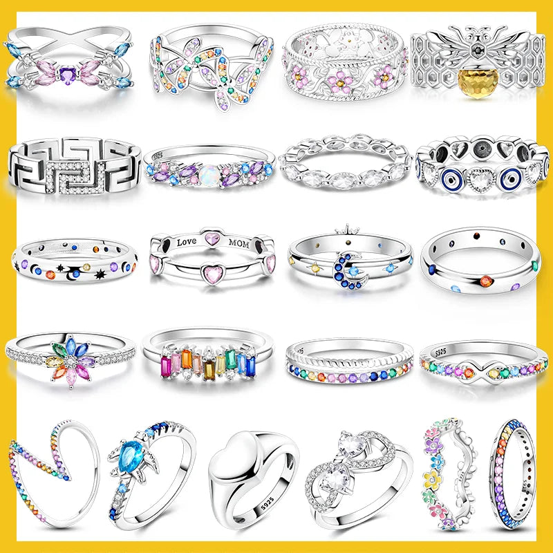 LAZA 925 Sterling Silver Colorful Rings Sparking Zirconium Bowknot Moon Sun Original Ring For Women
