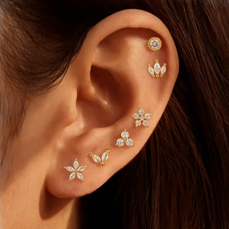 6PCS Shiny Crystal Crown Zircon Flower Stud Earrings Sets For Women Geometry Round Ear Stud Trendy C