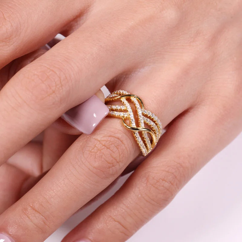 Huitan Hot Trendy Cross Rings Women Wedding Bands Accessories with Dazzling CZ Twist Mod detail view