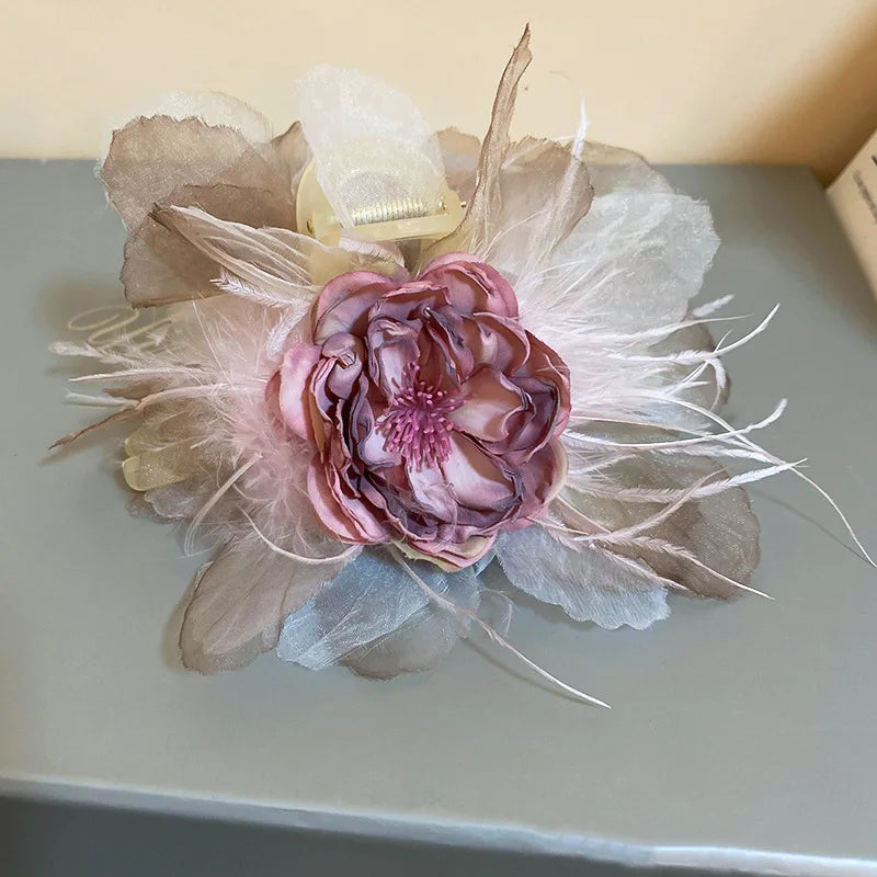 Pink Flower Hair Claws for Women Fashion Sweet Big Hairpin Temperament Grab Clip Lace Hair Accessories Wholesale Gifts