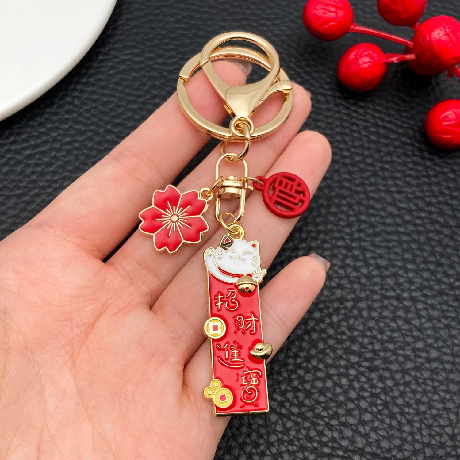 Japanese Maneki-neko (Lucky Cat) Keychain, Japanese Style Koi Fish Car Key Pendant, additional angle