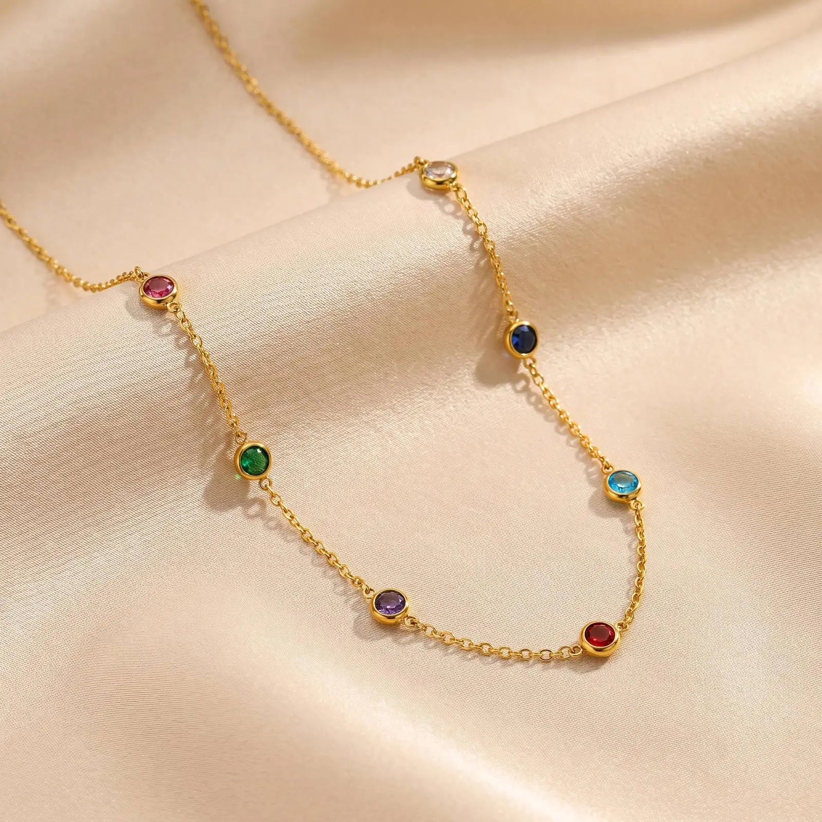 Dainty Colorful CZ Station Choker Necklace, Womne's Gold Plated Stainless Steel Chain close-up view