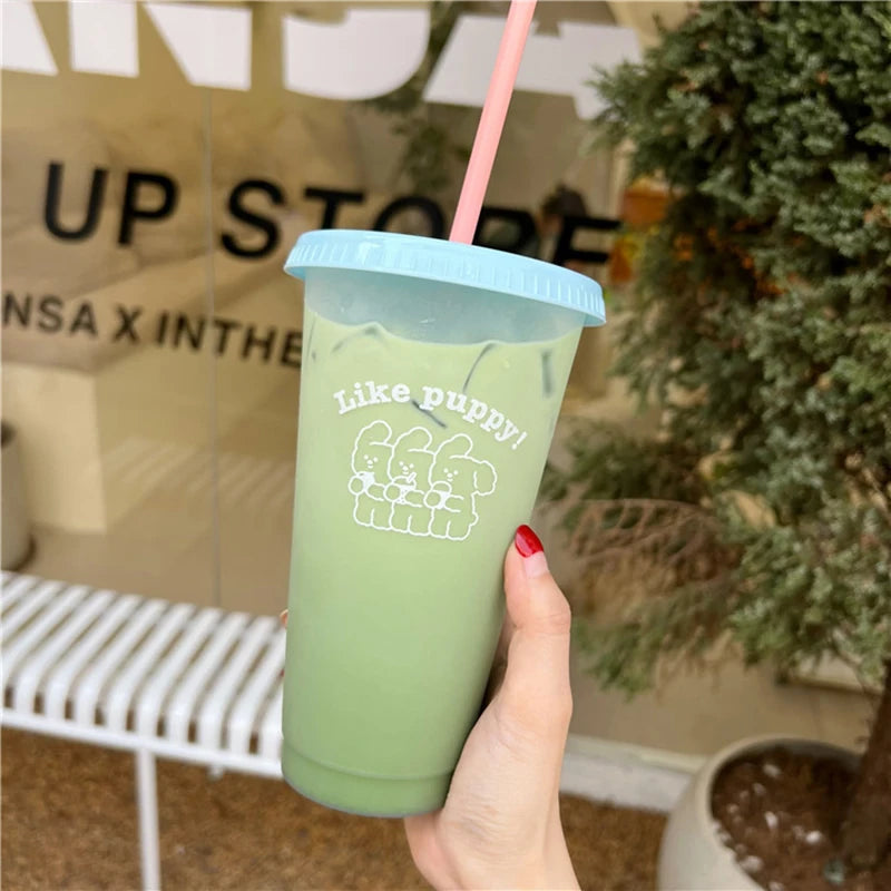Kawaii Water Bottle For Coffee Juice Tea Cute Tumbler Plastic Cups With Straw Lid P additional angle