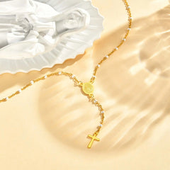 Stainless Steel Rosary Virgin Cross Drop Y-shaped Necklace,Women's White Rice Bead Cha close-up view