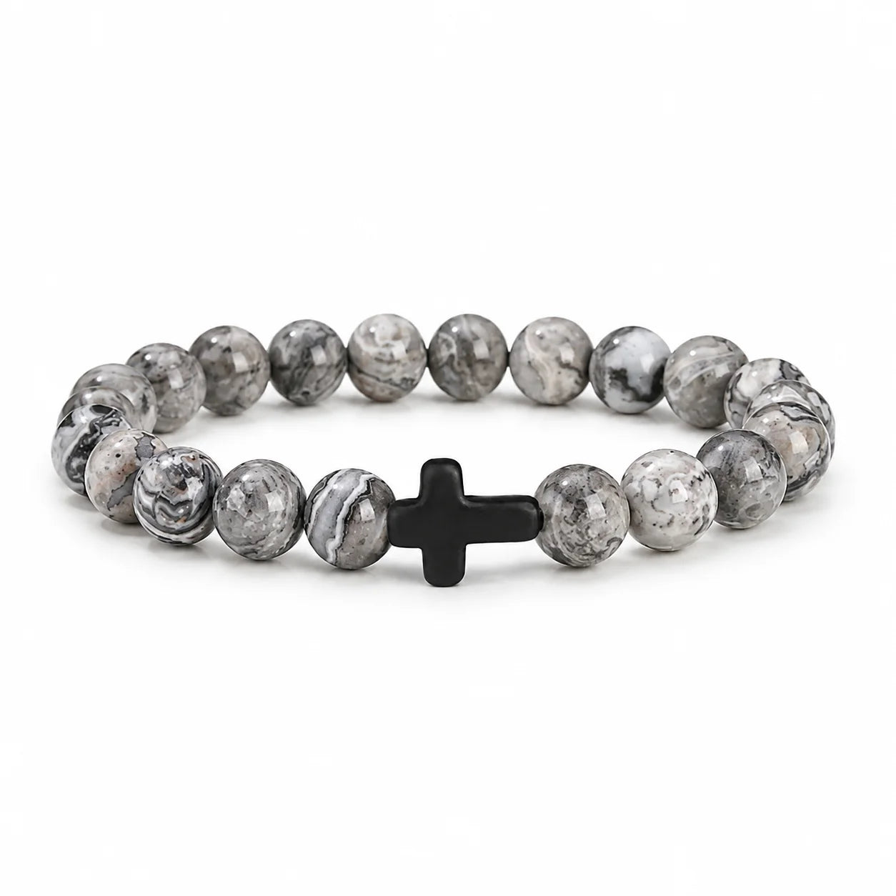 Prayer Men Natural Stone Wood Beads Rosary Hematite Cross Bracelets Onyx Meditation B lifestyle view