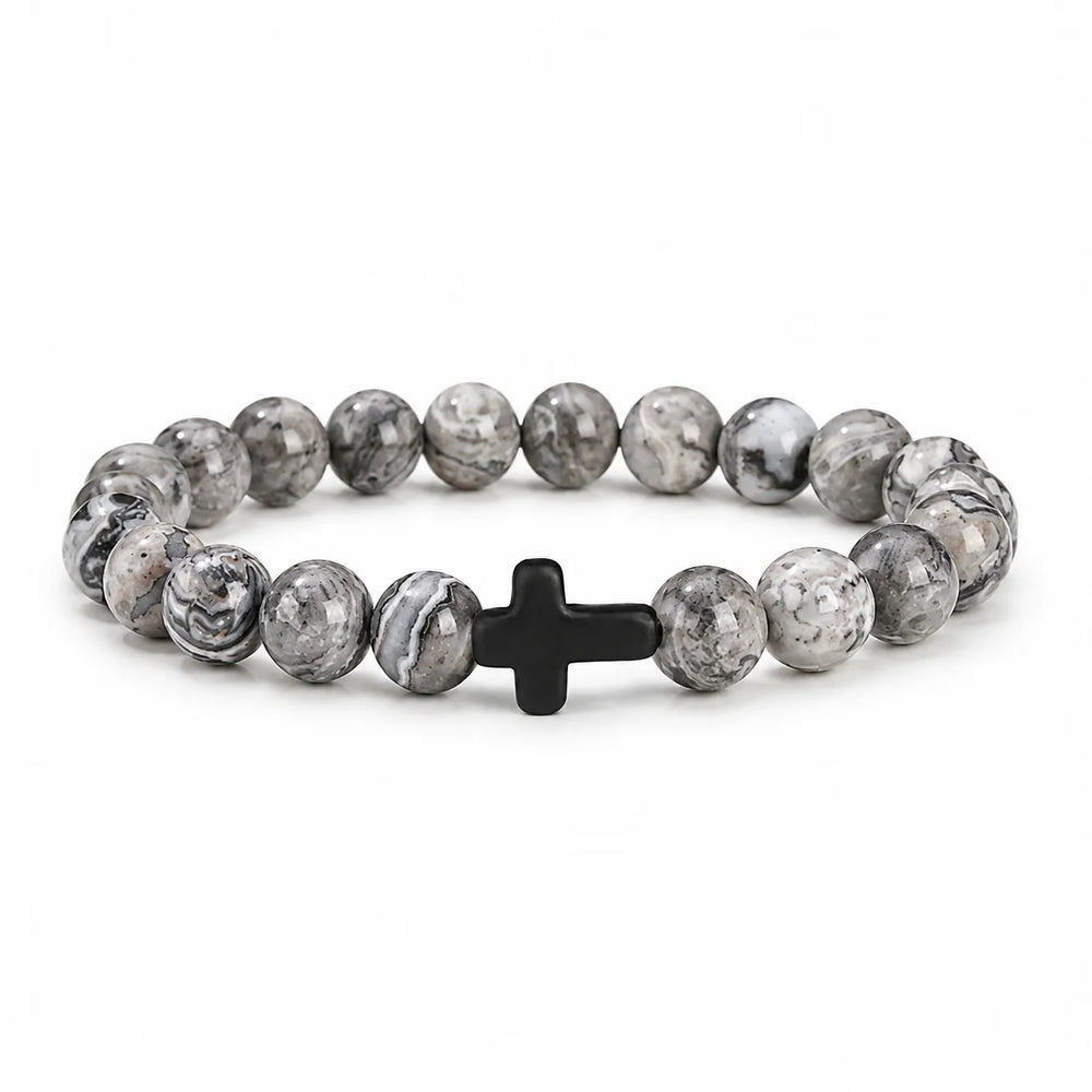 Prayer Men Natural Stone Wood Beads Rosary Hematite Cross Bracelets Onyx Meditation B lifestyle view