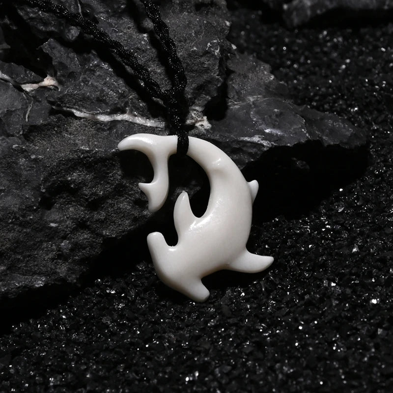 Tribal Hammerhead Shark Bone Pendant Necklace | Hand Carved Maori Amulet Jewelry alternate view