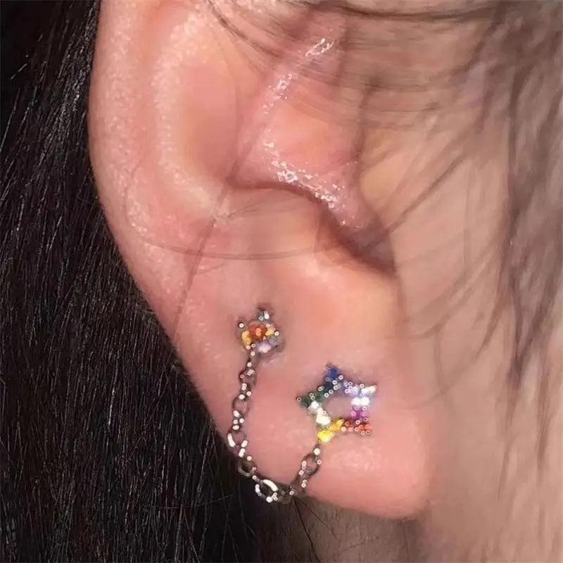 Double Ear Hole Ear Bone Chain Earrings | Sweet Cool Y2K Dazzle Color Jewelry detail view