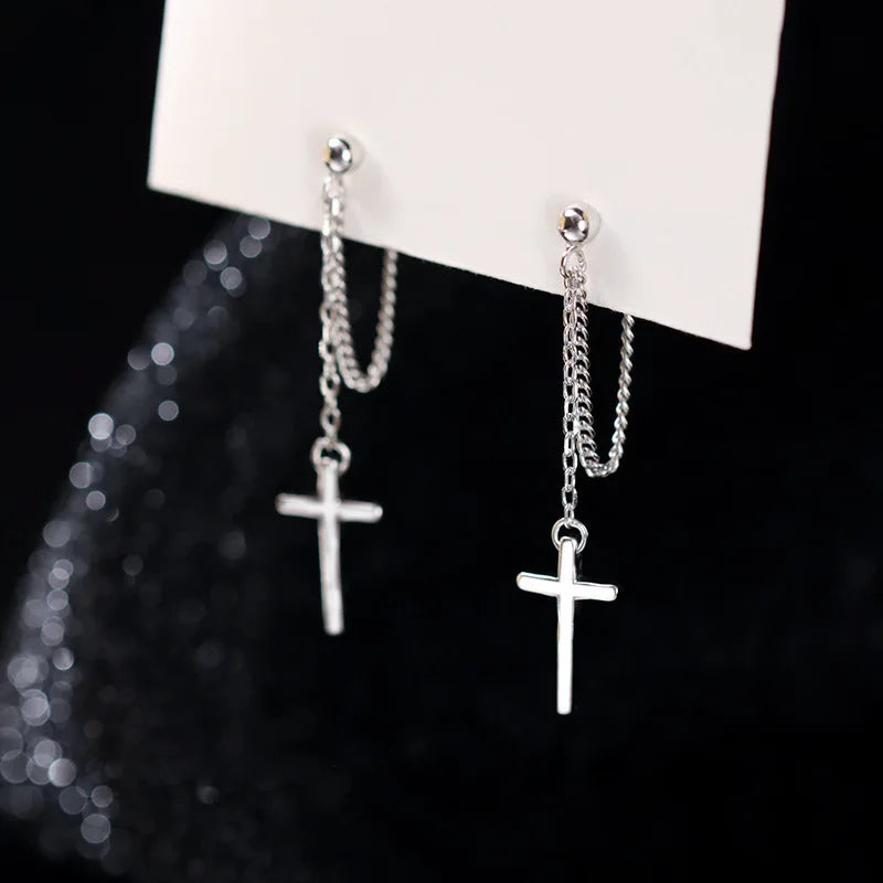 Korean Sliver Color Zircon Cross-Shape Drop Earrings | Punk Hip Hop Crystal Pendant E lifestyle view