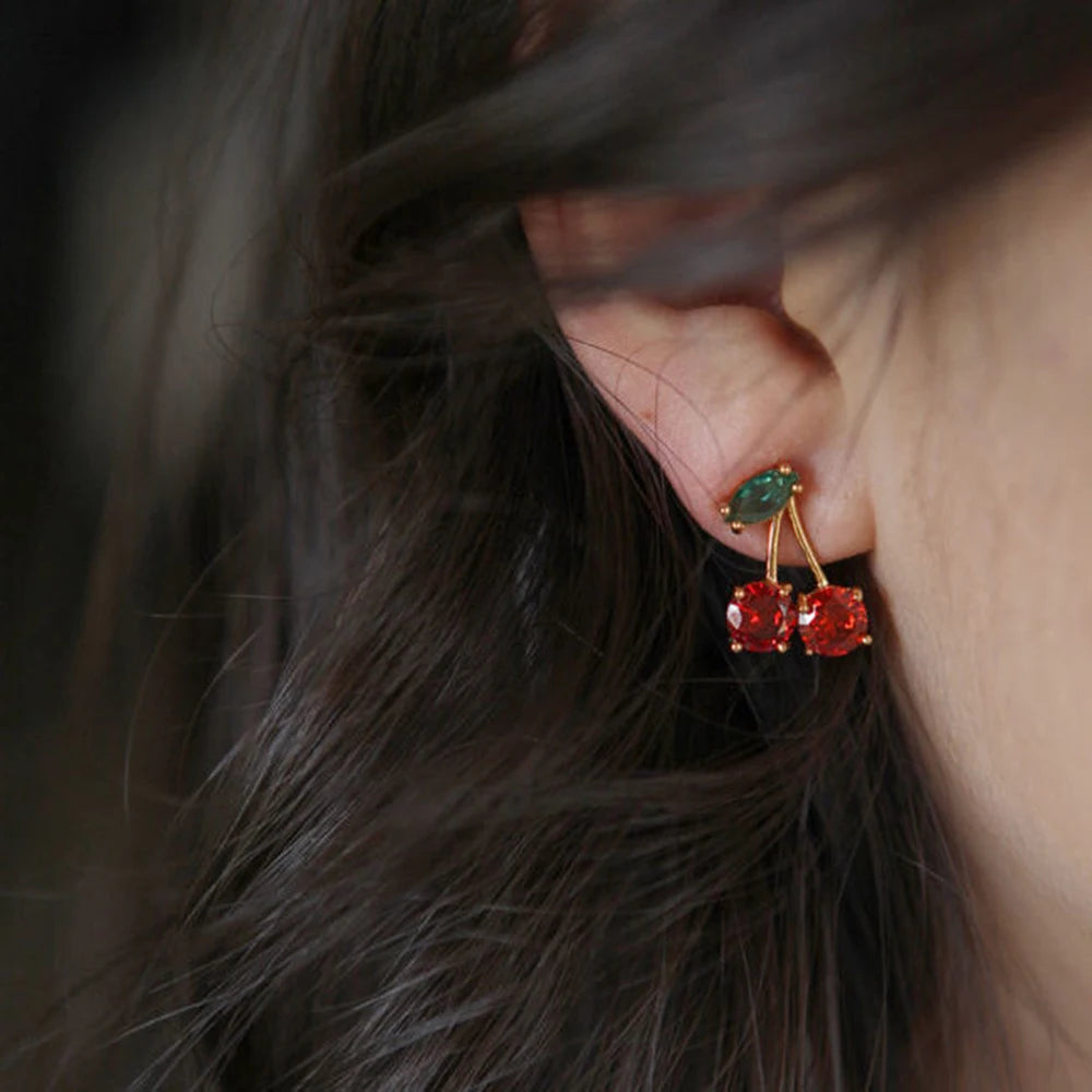 2024 Red Cherry Leaf Crystal Zircon Stud Earrings