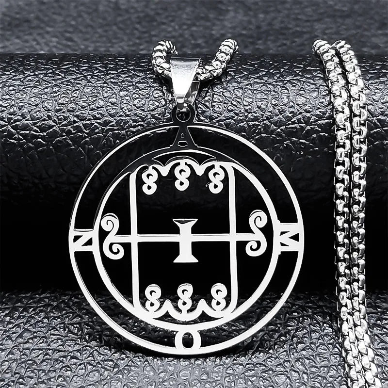 Sigeal Sigil De Lucifer Stainless Steel Satan Necklace | Asmoday Key Baphomet Pendant Je detail view