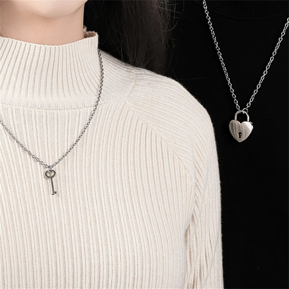 Romantic Couple Key and Heart Pendant Necklace Set | Stainless Steel Lovers Jewelry G alternate view