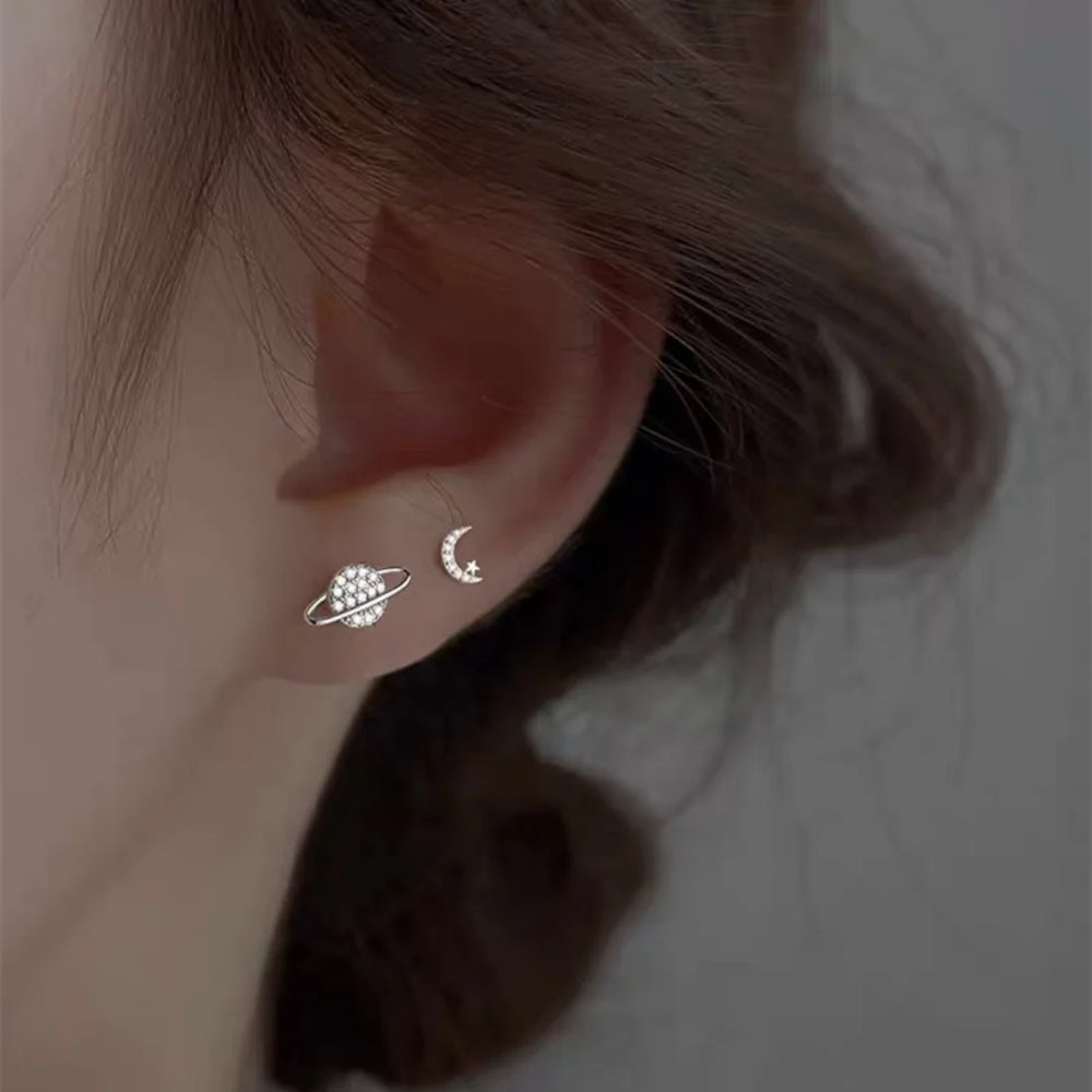 Simple Fashion Zircon Star Moon Mini Earrings for Women Cute Korean Planet Asymmetric alternate view