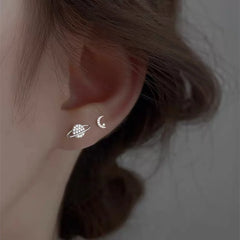 Simple Fashion Zircon Star Moon Mini Earrings for Women Cute Korean Planet Asymmetric alternate view
