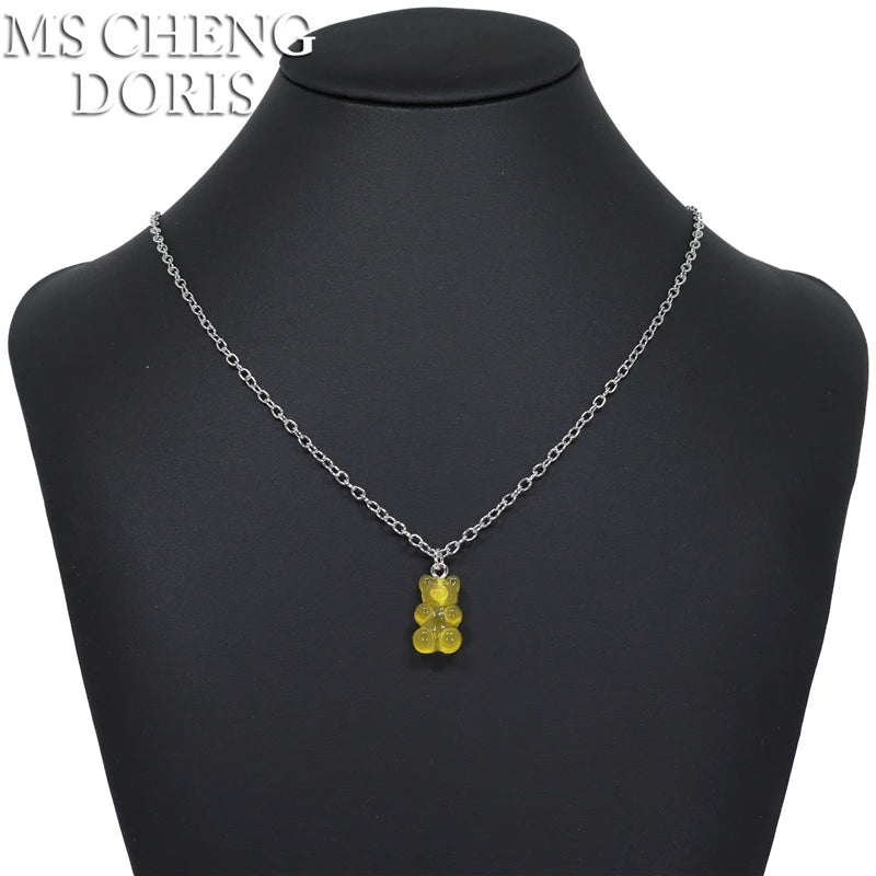 Handmade 33 Styles Colors Cute Resin Gummy Bear Chain Necklaces, Candy Color Pendant lifestyle view