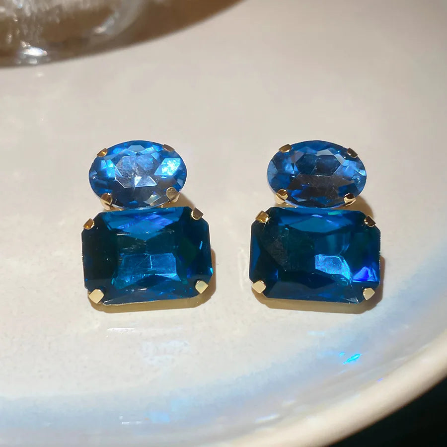 New Vintage Blue Coffee Square Oval Rhinestones Stud Earrings Women Shiny Cubic Geome alternate view