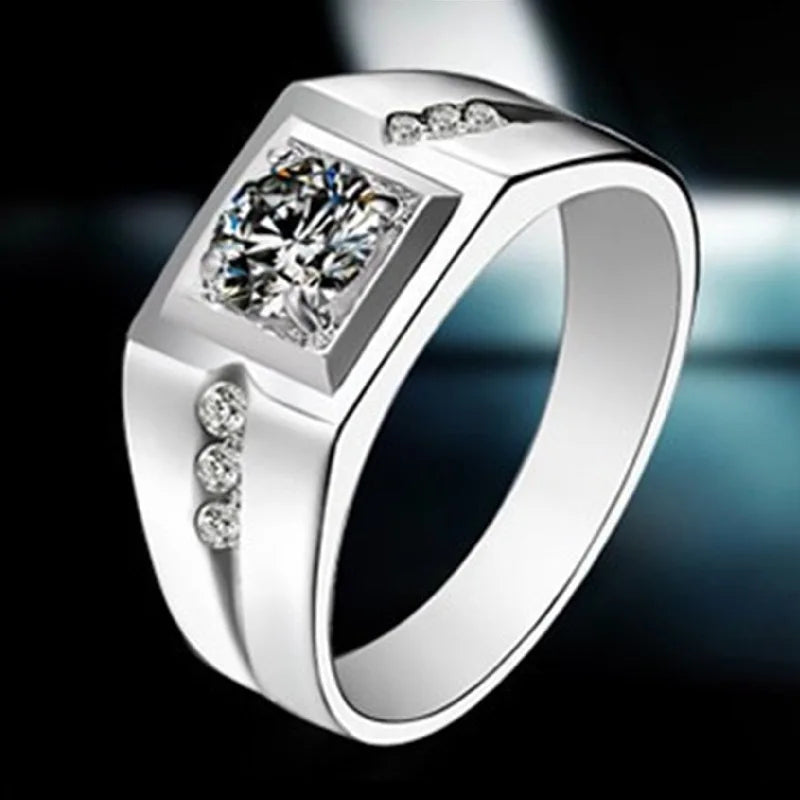 Luxury 925 sterling silver inlaid zircon crystal men's ring 18K gold plated engagemen alternate view
