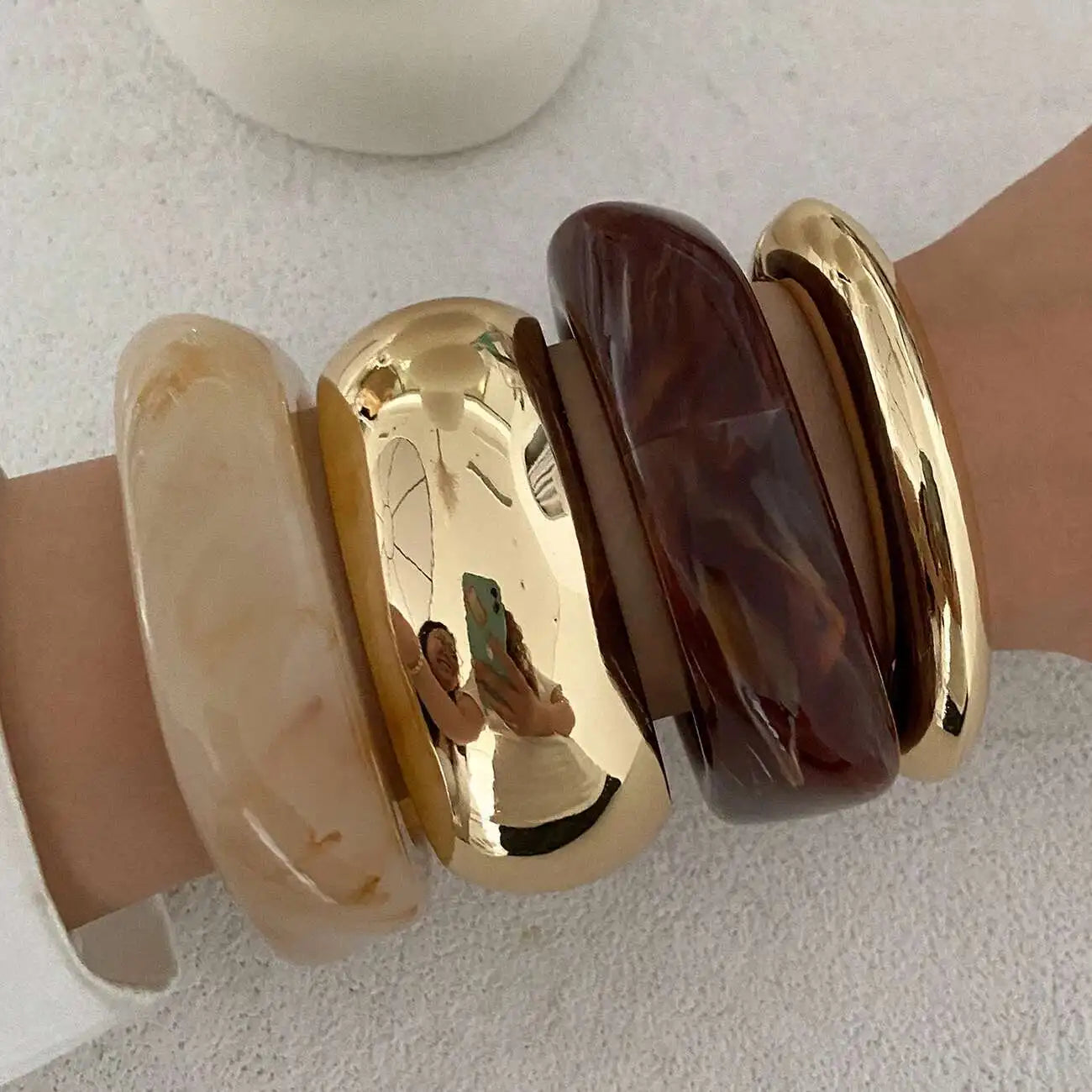 IngeSight.Z Vintage Irregular Resin Wide Bangle Bracelet Women Punk Geometric Wide Metal detail view