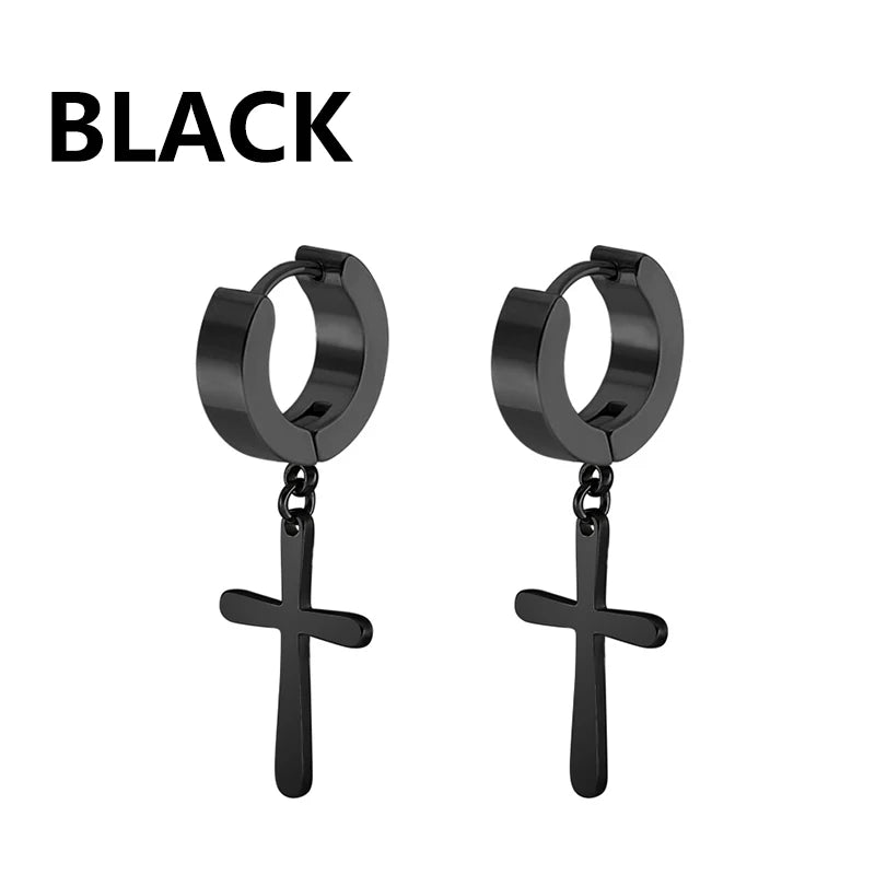 2pc Stainless Steel Men Cross Stars Punk Dangle Earrings Gothic Woman Cross Ear Hoop lifestyle view